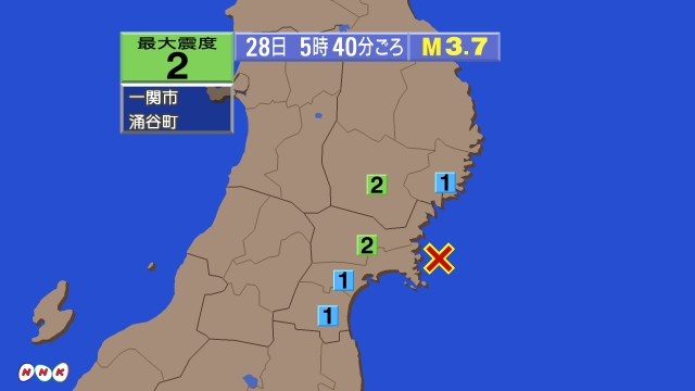 5時40分ごろ、Ｍ３．７　宮城県沖 北緯38.5度　東経141.