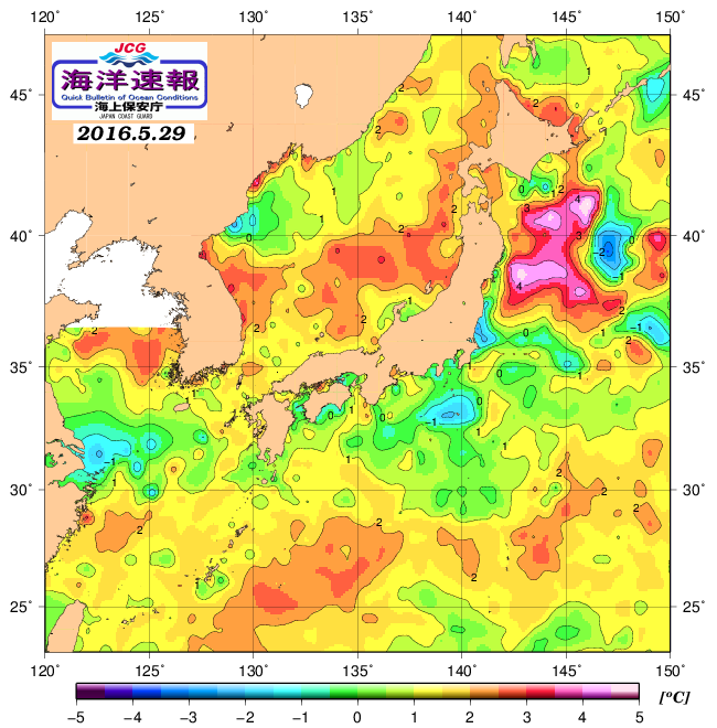 ５月２９日の、海水表面温度（平年比）、 http://www1.