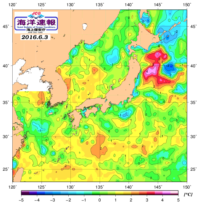 ６月３日の、海水表面温度（平年比）、 http://www1.k