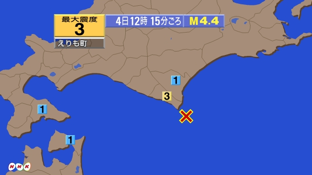 12時15分ごろ、Ｍ４．４　十勝沖 北緯41.8度　東経143.