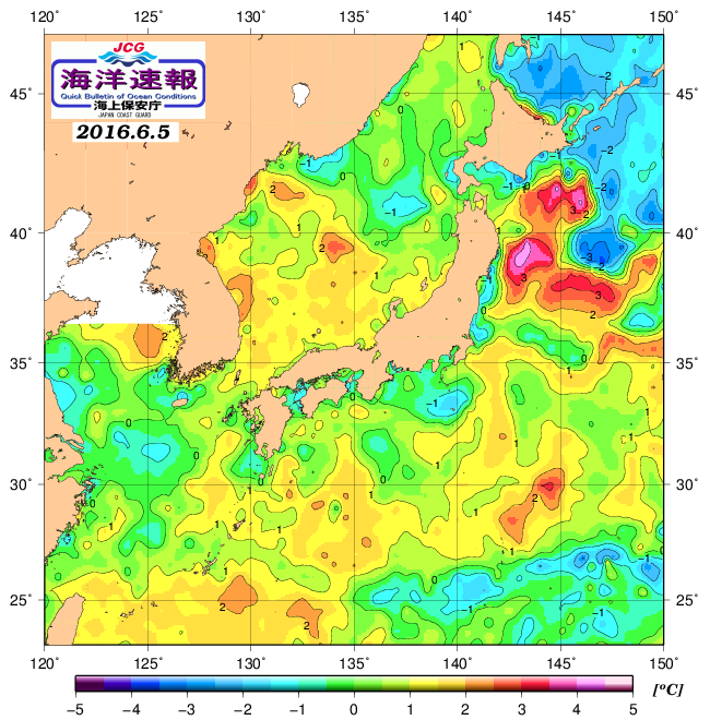 ６月５日の、海水表面温度（平年比）、 http://www1.k