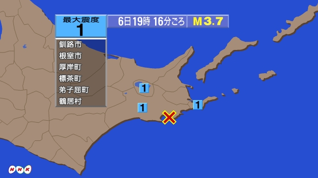 19時16分ごろ、Ｍ３．７　北海道釧路地方中南部 北緯43.0度