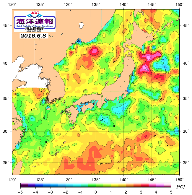 ６月８日の、海水表面温度（平年比）、 http://www1.k