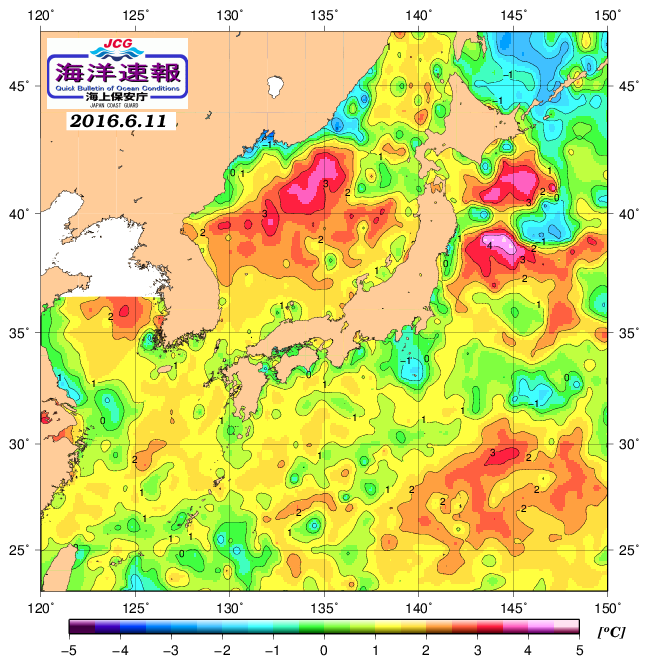 ６月１１日の、海水表面温度（平年比）、 http://www1.