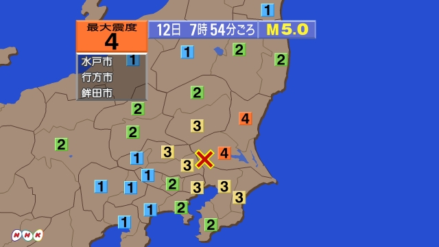 7時54分ごろ、Ｍ５．０　茨城県南部 北緯36.0度　東経139