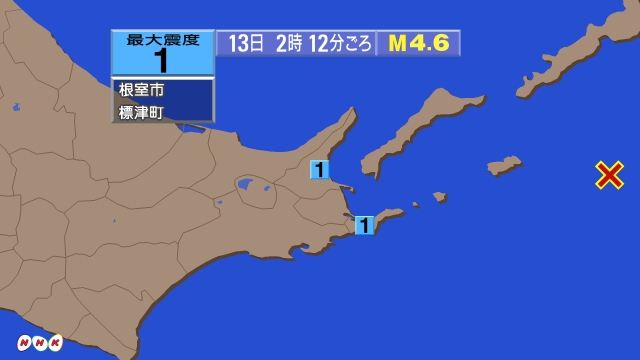 2時12分ごろ、Ｍ４．６　北海道東方沖 北緯43.7度　東経14