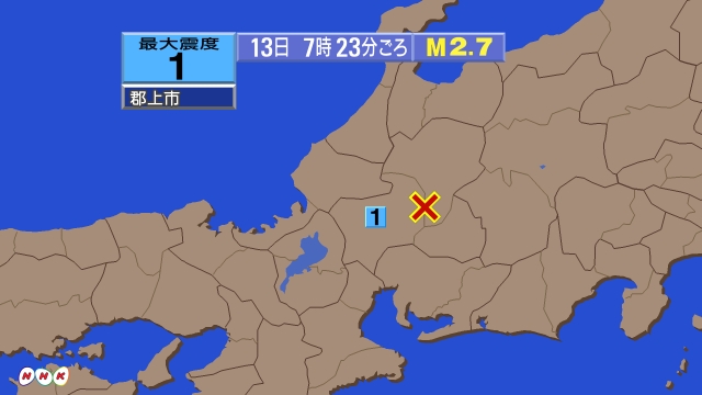 7時23分ごろ、Ｍ２．７　岐阜県飛騨地方 北緯35.7度　東経1