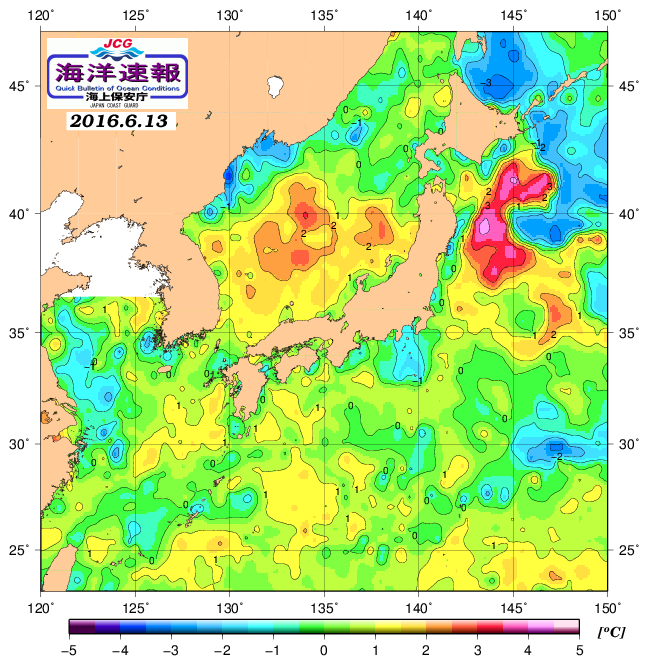 ６月１３日の、海水表面温度（平年比）、 http://www1.