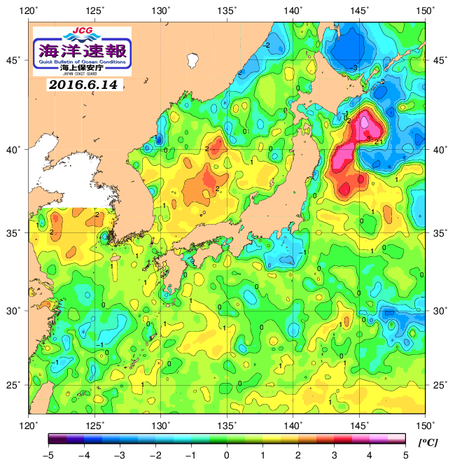 ６月１４日の、海水表面温度（平年比）、 http://www1.