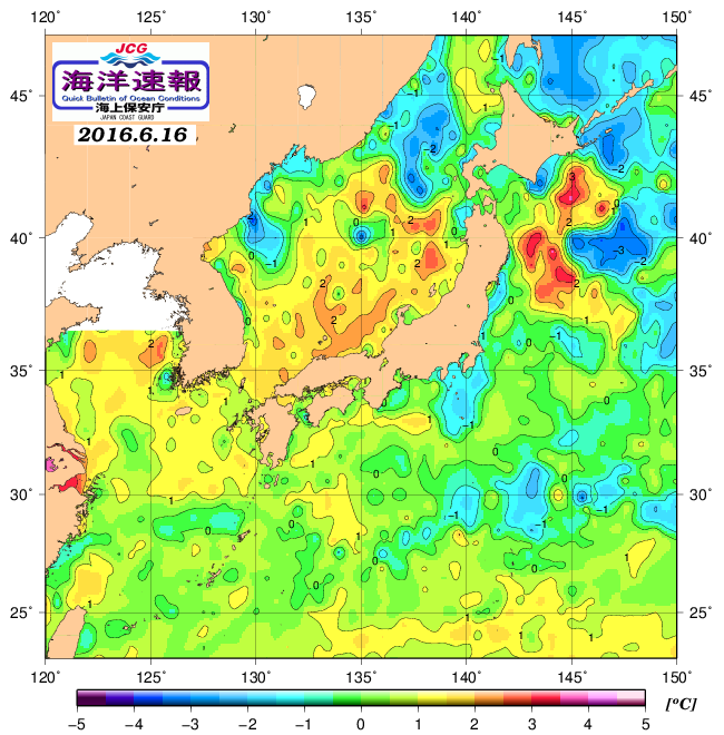 ６月１６日の、海水表面温度（平年比）、 http://www1.