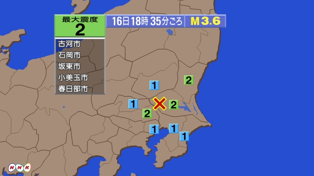 18時35分ごろ、Ｍ３．６　茨城県南部 北緯36.1度　東経13