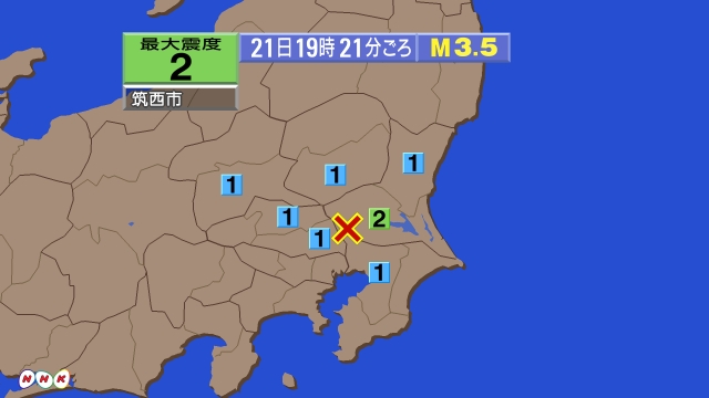 19時21分ごろ、Ｍ３．５　茨城県南部 北緯36.0度　東経13