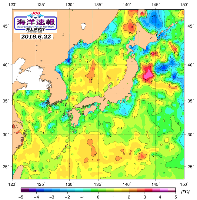 ６月２２日の、海水表面温度（平年比）、 http://www1.