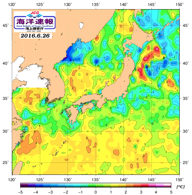 ６月２６日の、海水表面温度（平年比）、 http://www1.