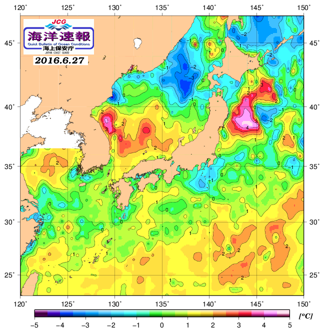 ６月２７日の、海水表面温度（平年比）、 http://weath