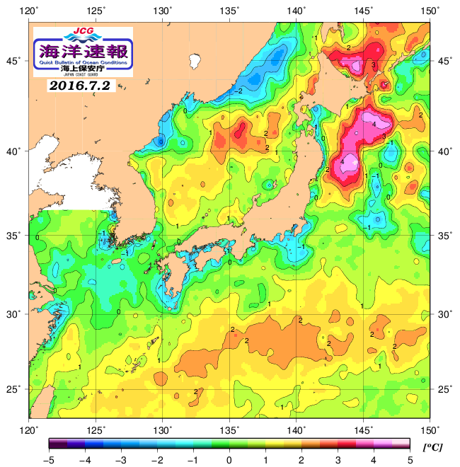 ７月２日の、海水表面温度（平年比）、 http://www1.k