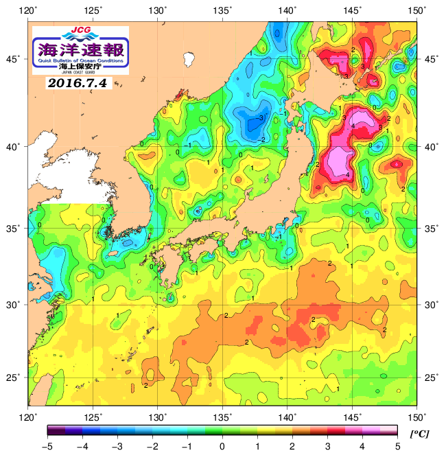 ７月４日の、海水表面温度（平年比）、 http://www1.k