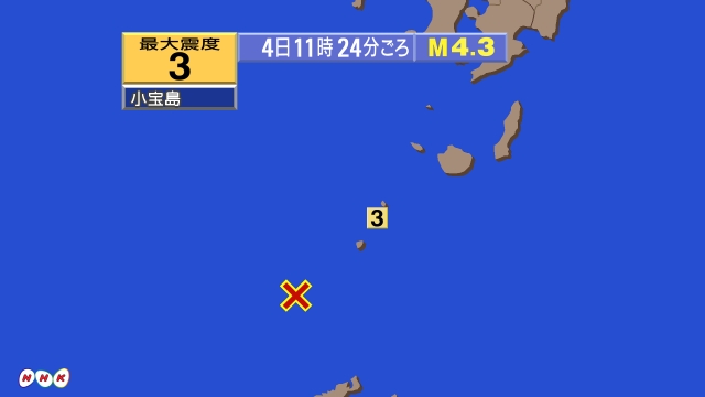 11時3分ごろ、Ｍ３．０　トカラ列島近海 北緯29.2度　東経1