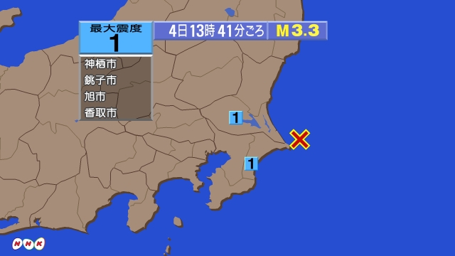 13時41分ごろ、Ｍ３．３　千葉県東方沖 北緯35.8度　東経1