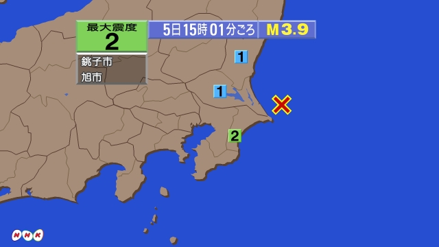 15時１分ごろ、Ｍ３．９　茨城県沖 北緯35.9度　東経141.