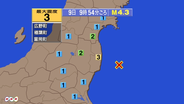 9時54分ごろ、Ｍ４．３　福島県沖 北緯37.1度　東経141.