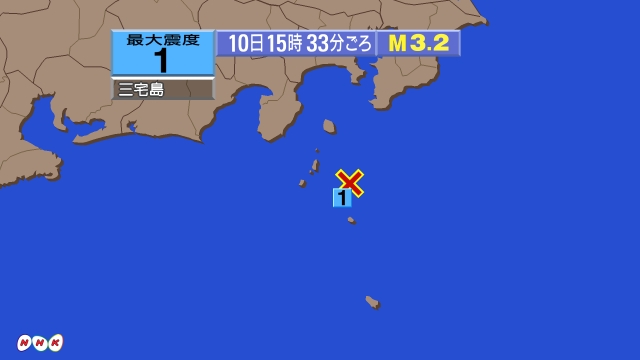 15時33分ごろ、Ｍ３．２　三宅島近海 北緯34.2度　東経13