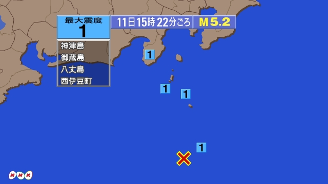 15時22分ごろ、Ｍ５．２　八丈島近海 北緯32.9度　東経13