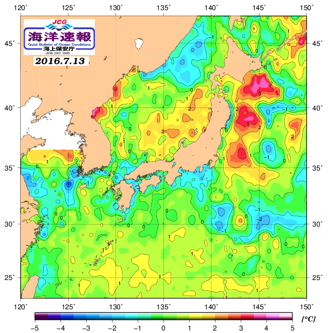 ７月１３日の、海水表面温度（平年比）、 http://www1.