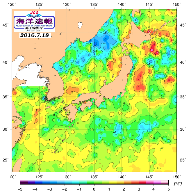 ７月１８日の、海水表面温度（平年比）、 http://www1.