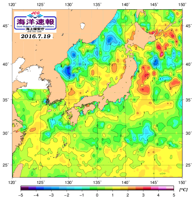 ７月１９日の、海水表面温度（平年比）、 http://www1.