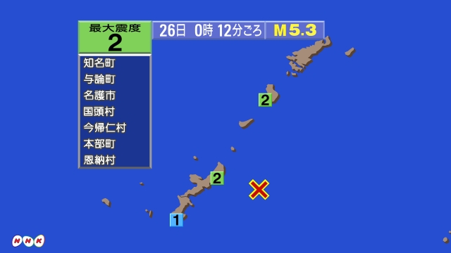 0時12分ごろ、Ｍ５．３　沖縄本島近海 北緯26.5度　東経12