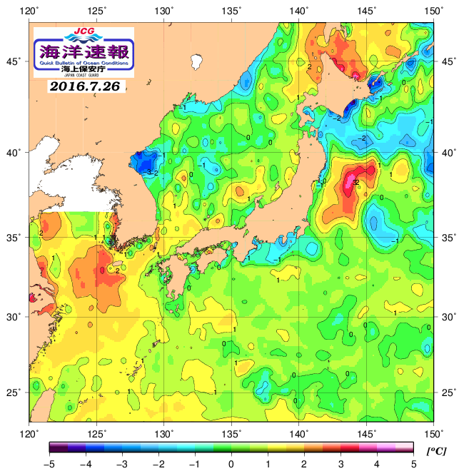 ７月２６日の、海水表面温度（平年比）、 http://www1.