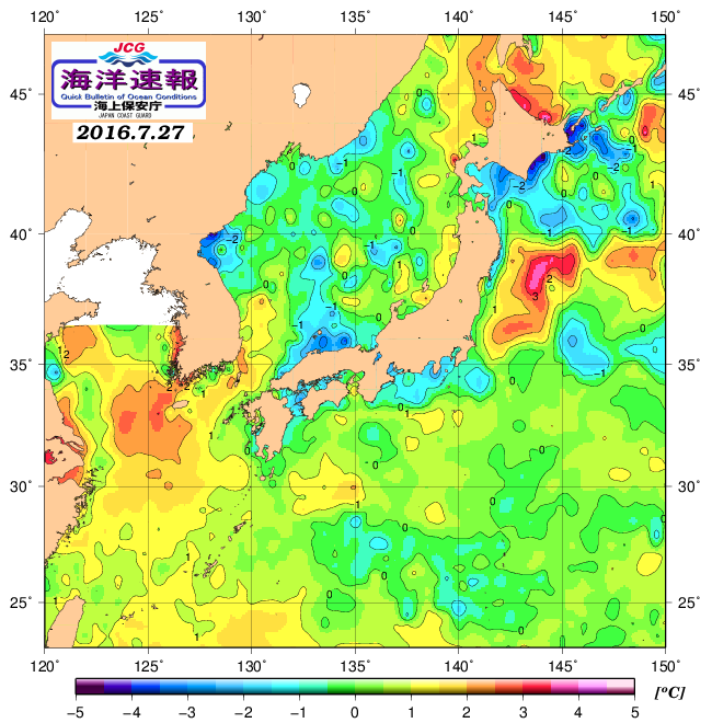 ７月２７日の、海水表面温度（平年比）、 http://www1.