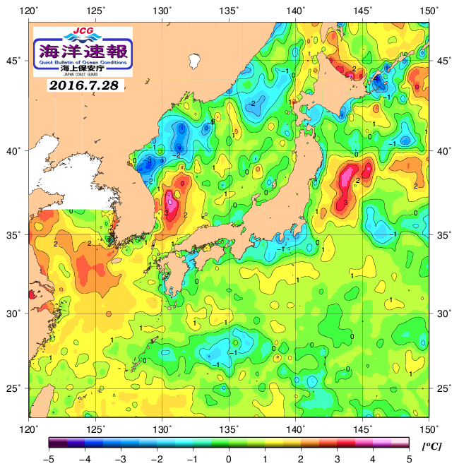 ７月２８日の、海水表面温度（平年比）、 http://www1.