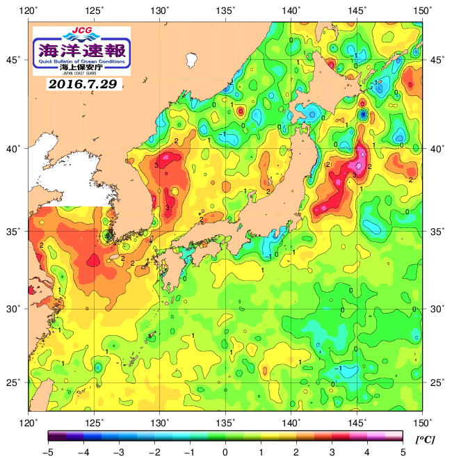 ７月２９日の、海水表面温度（平年比）、 http://www1.