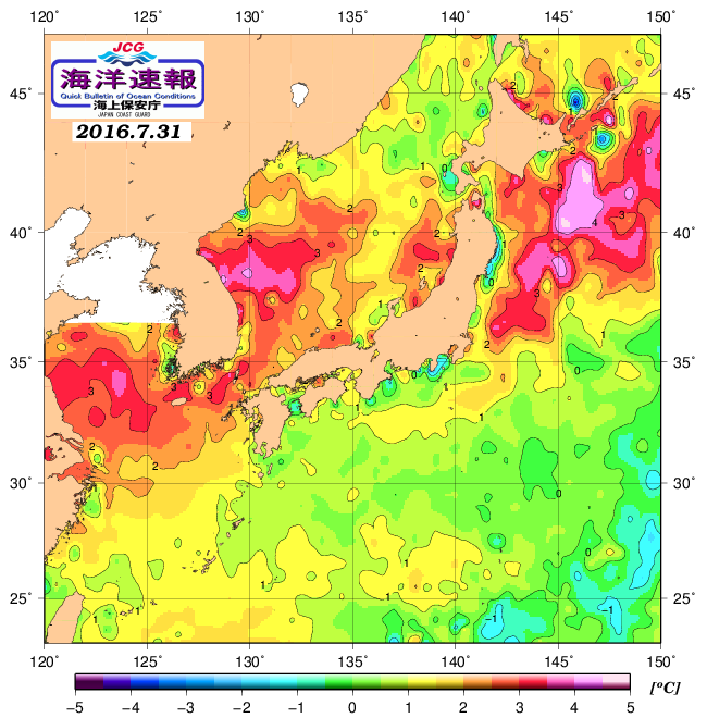 ７月３１日の、海水表面温度（平年比）、 http://www1.