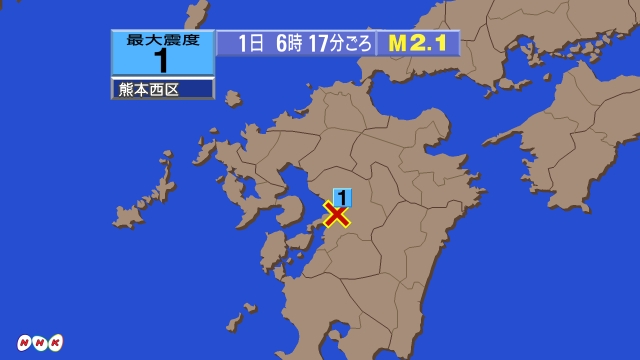 6時17分ごろ、Ｍ２．１　熊本県熊本地方 北緯32.7度　東経1