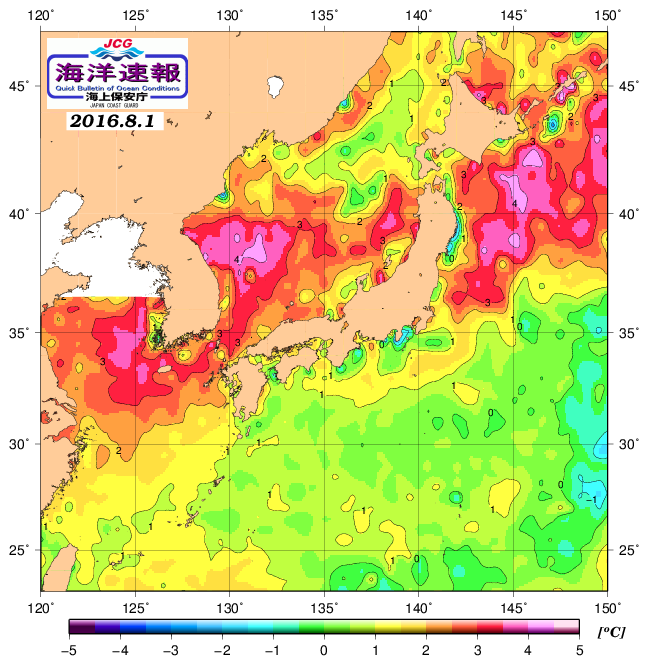 ８月１日の、海水表面温度（平年比）、 http://www1.k