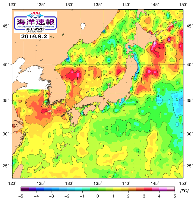 ８月２日の、海水表面温度（平年比）、 http://www1.k
