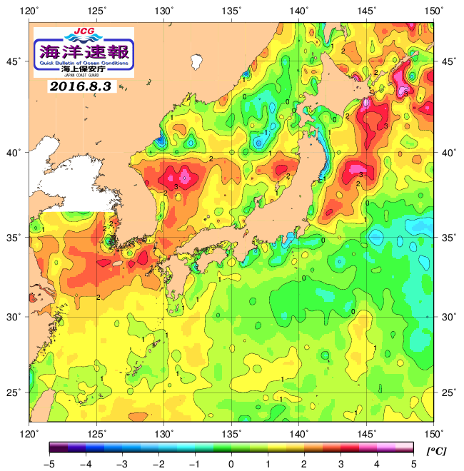８月３日の、海水表面温度（平年比）、 http://www1.k