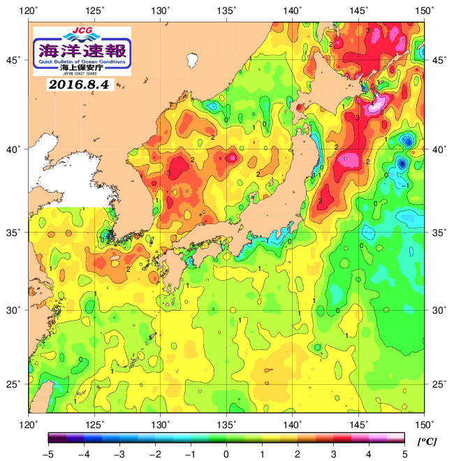 ８月４日の、海水表面温度（平年比）、 http://weathe