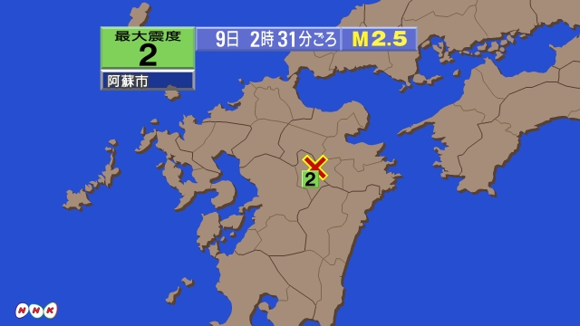 0時46分ごろ、Ｍ２．１　熊本県阿蘇地方 北緯32.9度　東経1