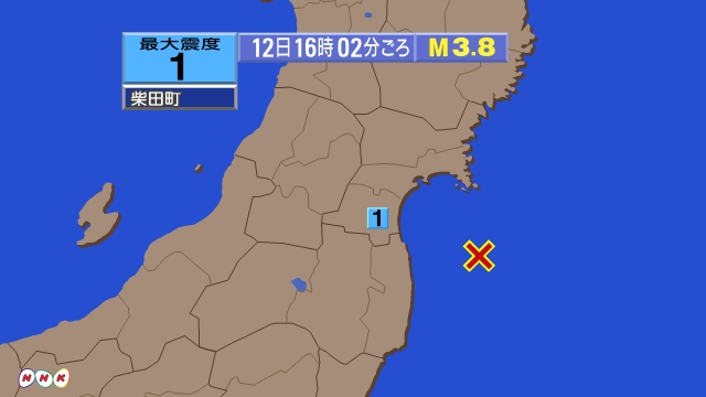 16時2分ごろ、Ｍ３．８　福島県沖 北緯37.7度　東経141.
