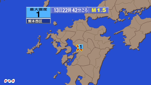 22時42分ごろ、Ｍ１．５　熊本県熊本地方 北緯32.8度　東経