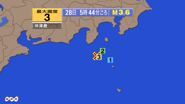 5時44分ごろ、Ｍ３．６　新島・神津島近海 北緯34.2度　東経