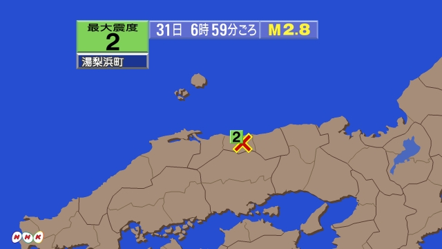 6時59分ごろ、Ｍ２．８　鳥取県中部 北緯35.4度　東経133