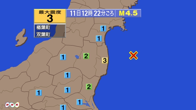 12時22分ごろ、Ｍ４．５　福島県沖 北緯37.5度　東経141