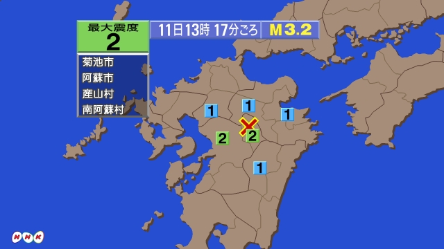 13時17分ごろ、Ｍ３．２　熊本県阿蘇地方 北緯33.0度　東経