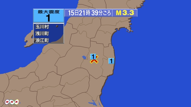21時39分ごろ、Ｍ３．３　福島県中通り 北緯37.4度　東経1