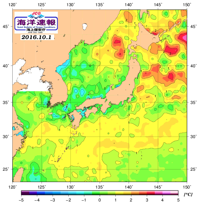 １０月１日の、海水表面温度（平年比）、 http://www1.